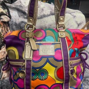 Coach Multicolor Geometric Tote with Gold Trim